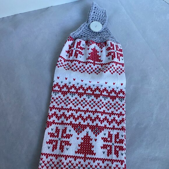 Crochet Top Hanging Red Christmas Trees Snowflakes Flour Sack Kitchen Towel - Picture 1 of 8